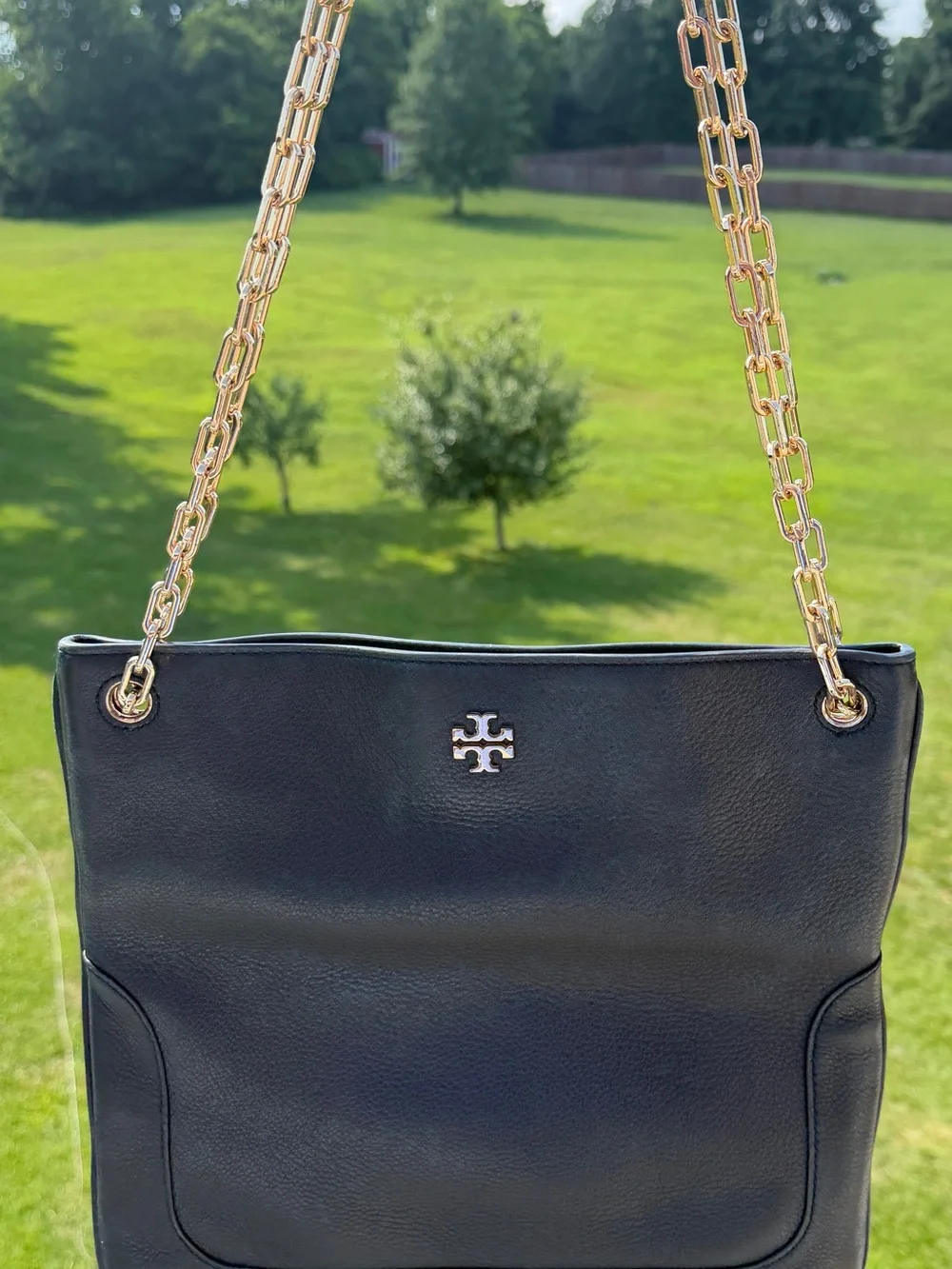 Tory Burch Black Pebbled Leather Gold Chain Shoulder Tote Bag